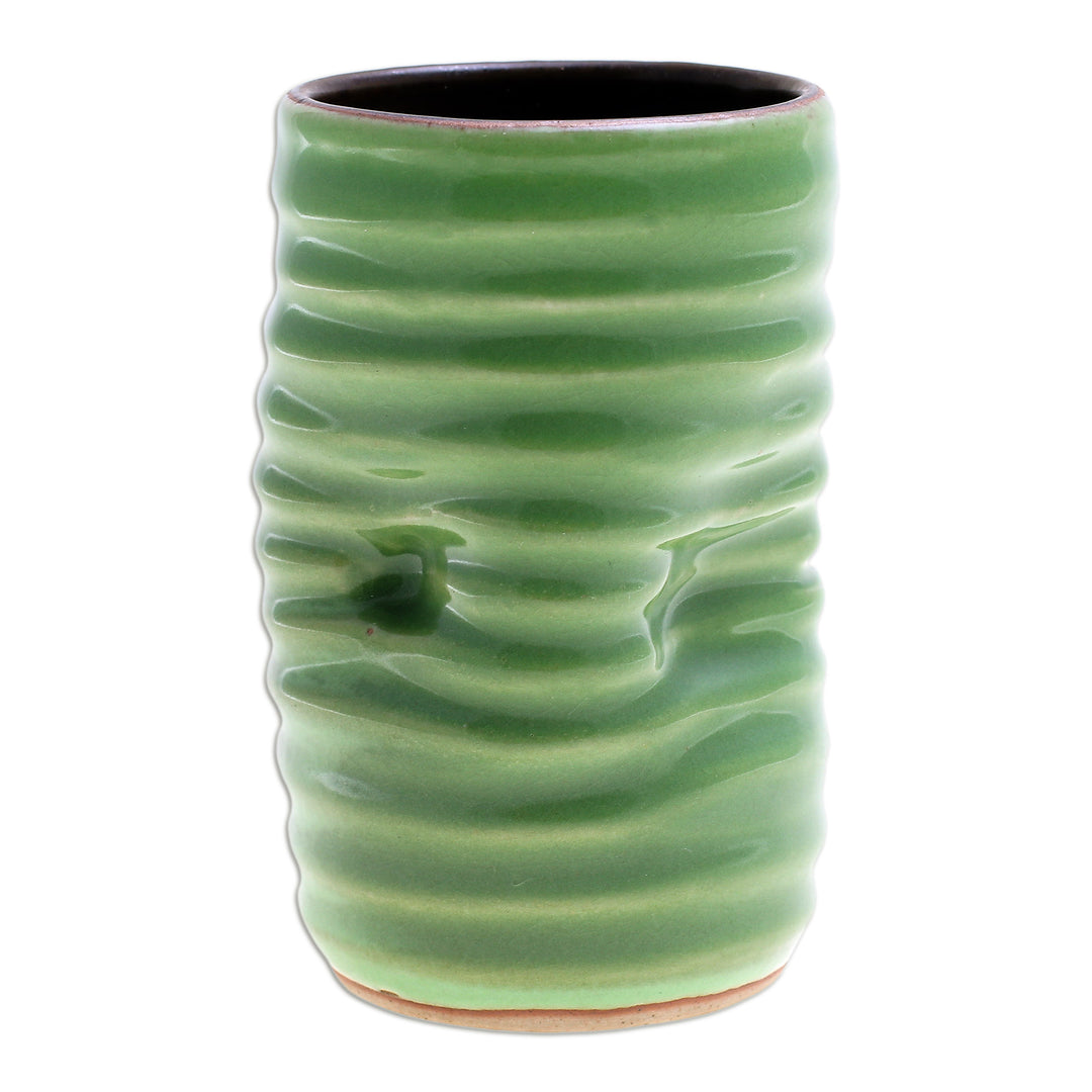 Handcrafted Green Ceramic Cup - Green Ripple