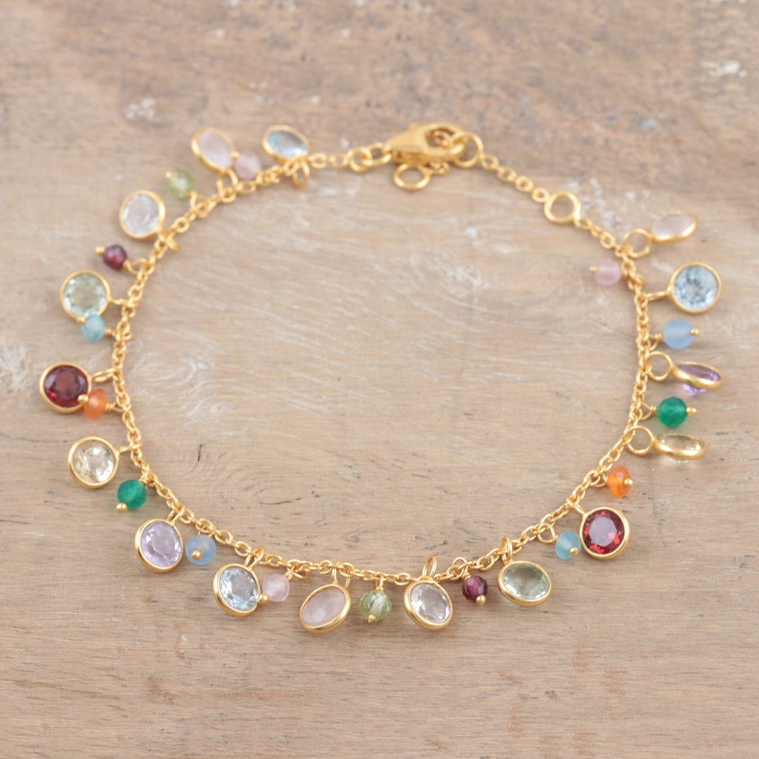 Handmade Gold-Plated Multi-Gemstone Charm Bracelet - Rainbow Bubbles