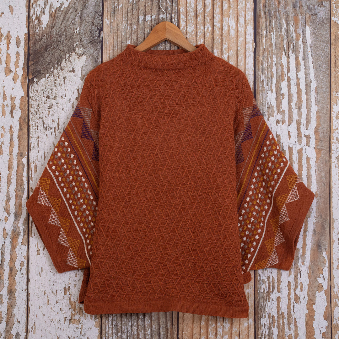 Knit 100% Baby Alpaca Poncho Sweater - Spicy Paprika