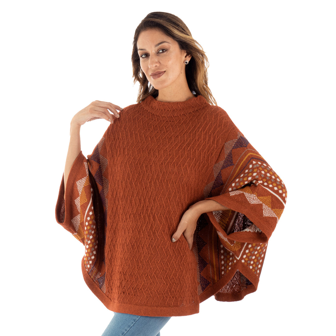 Knit 100% Baby Alpaca Poncho Sweater - Spicy Paprika