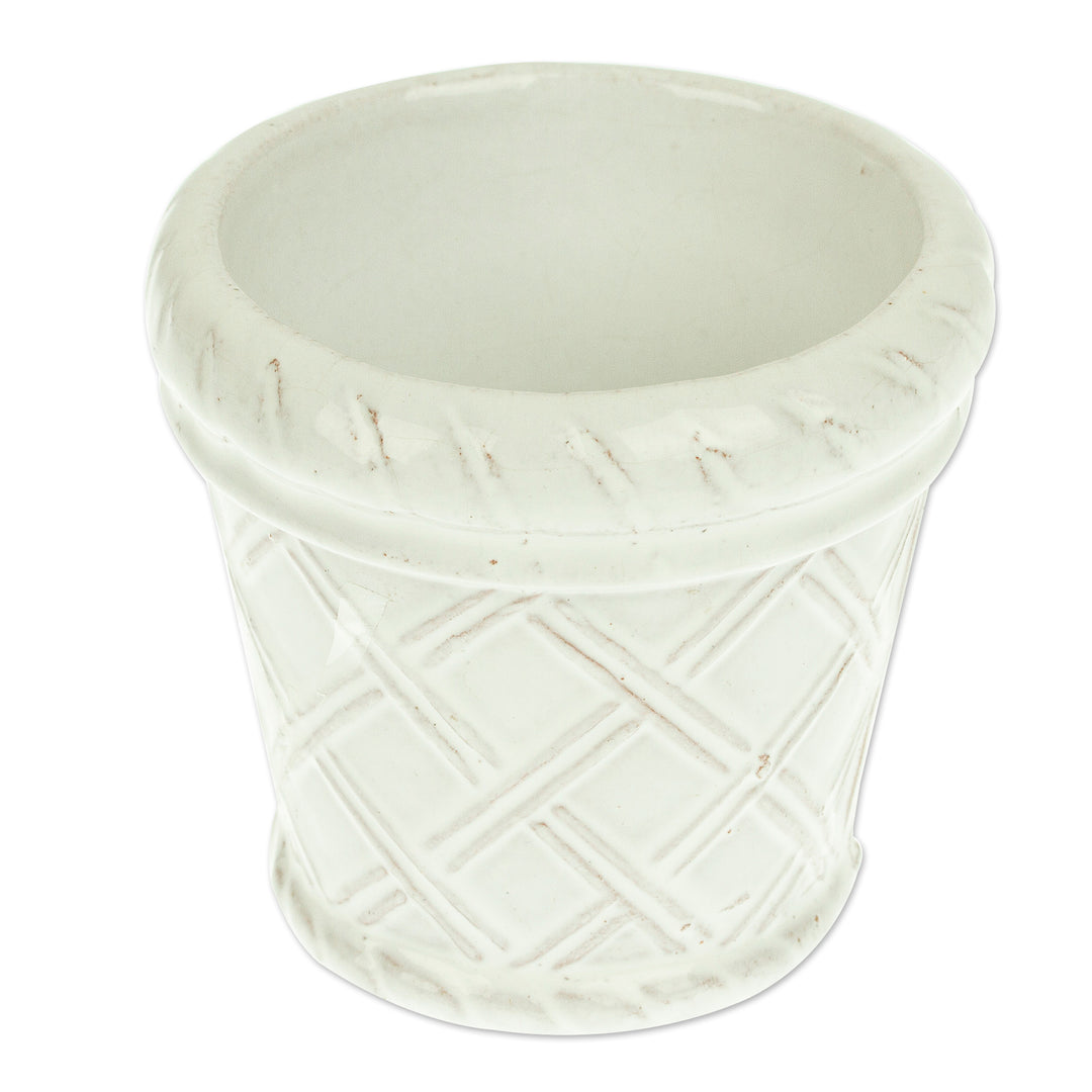 Handmade Rustic Ceramic Flower Pot in White from Mexico - Vintage Diamonds