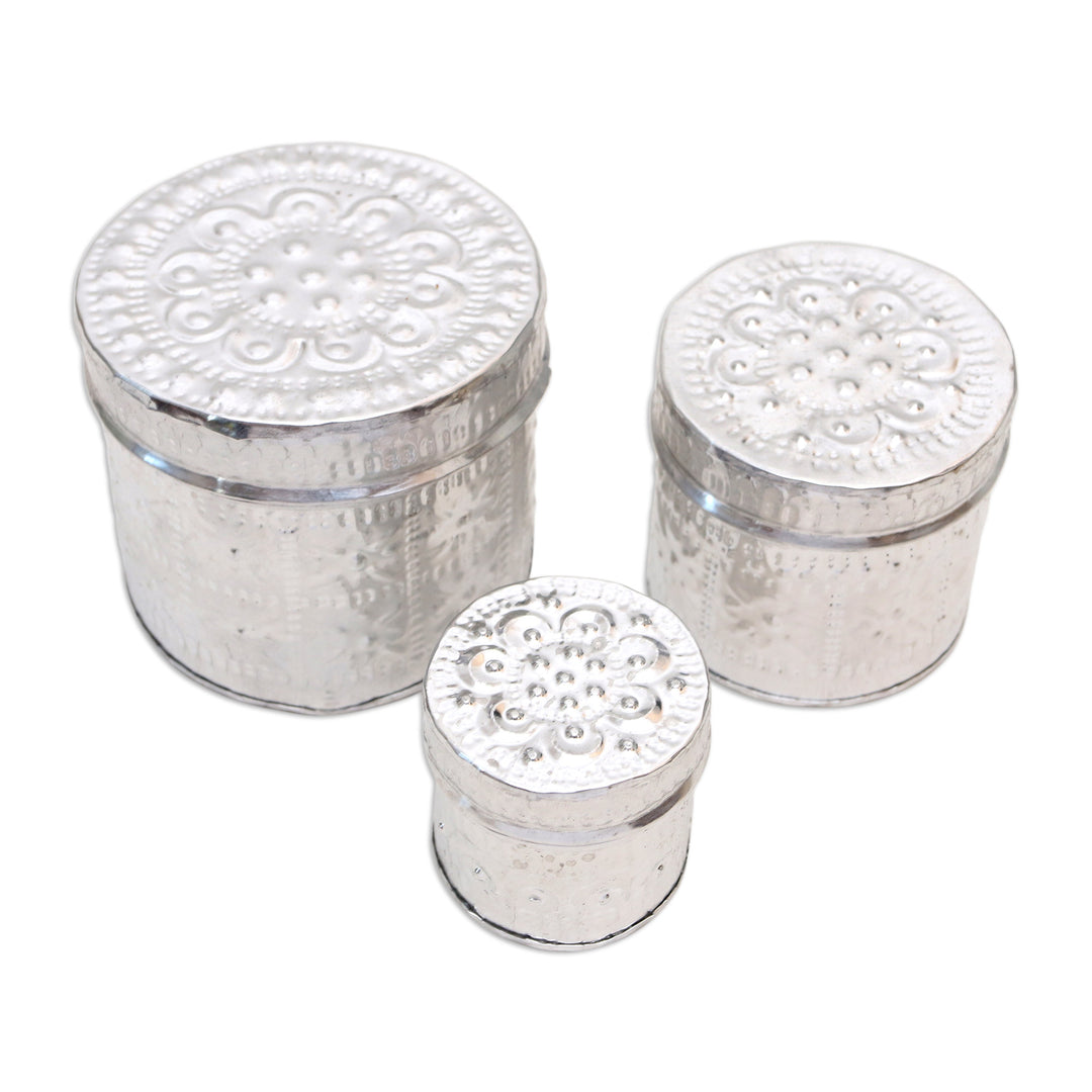 Set of 3 Aluminum Floral-Themed Handmade Decorative Boxes - Sparkling Flower