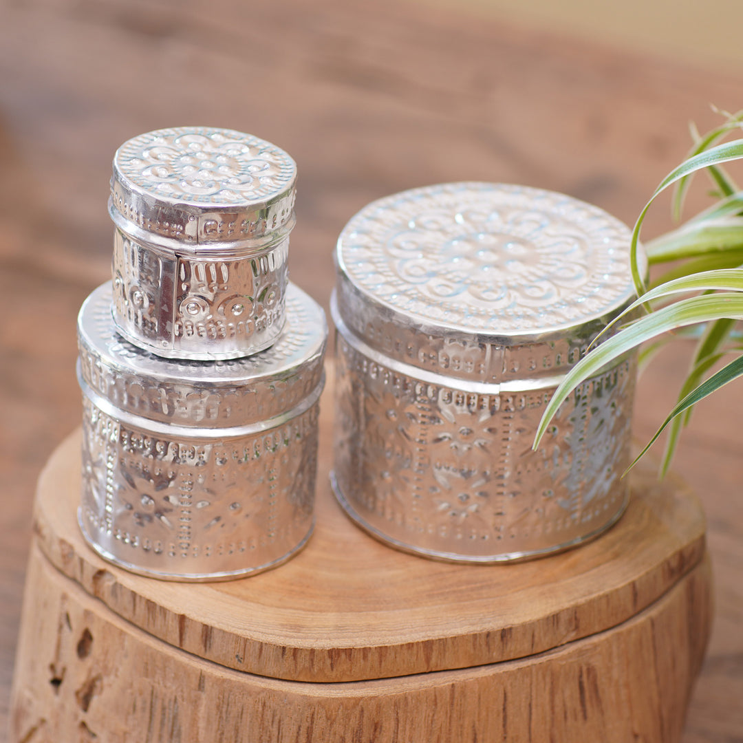Set of 3 Aluminum Floral-Themed Handmade Decorative Boxes - Sparkling Flower