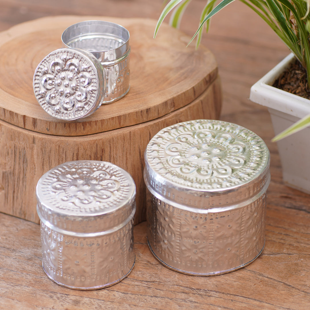 Set of 3 Aluminum Floral-Themed Handmade Decorative Boxes - Sparkling Flower