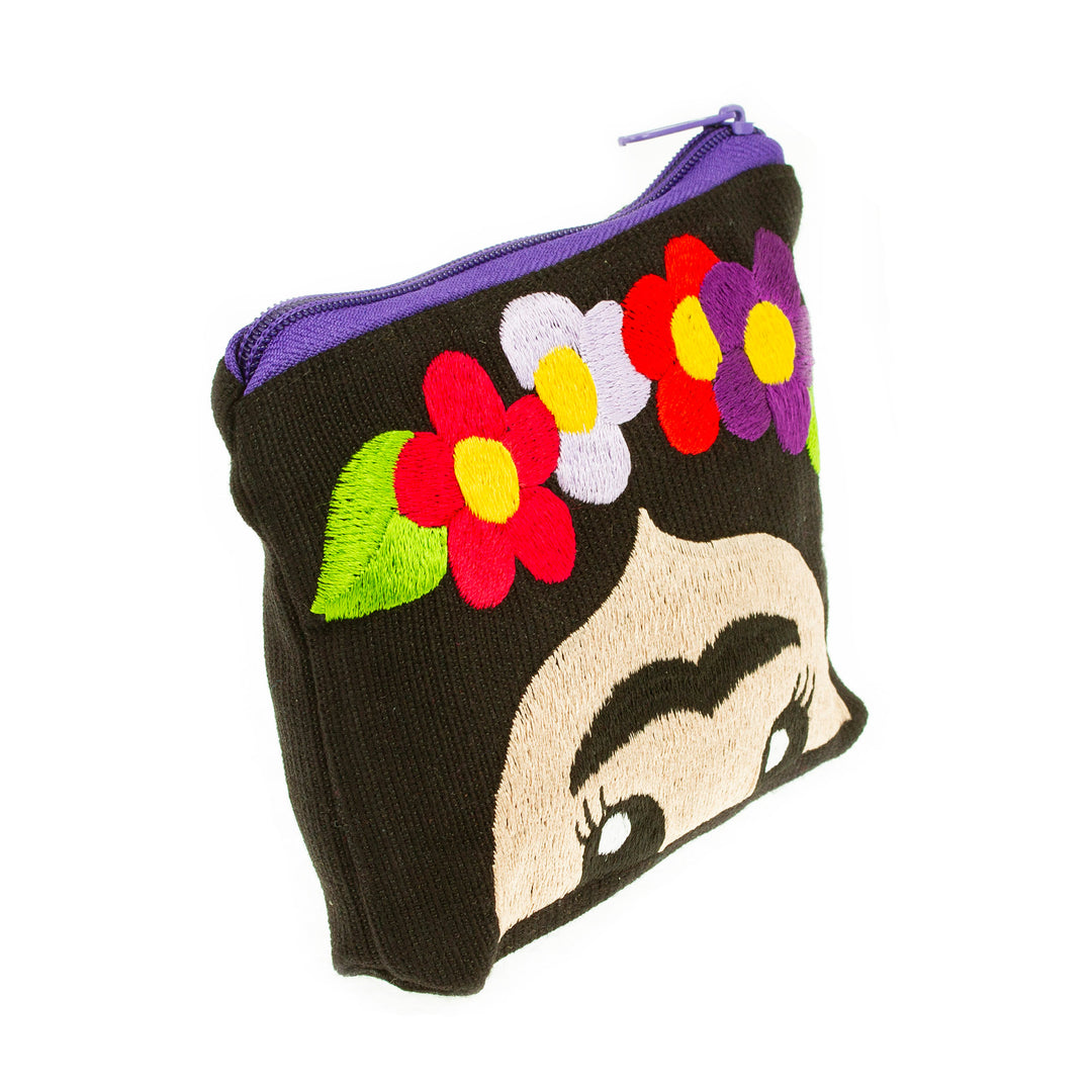 Hand Embroidered Cotton Cosmetic Bag from Mexico - Frida with Flowers