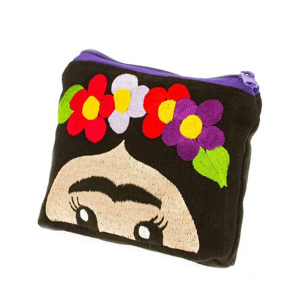 Hand Embroidered Cotton Cosmetic Bag from Mexico - Frida with Flowers