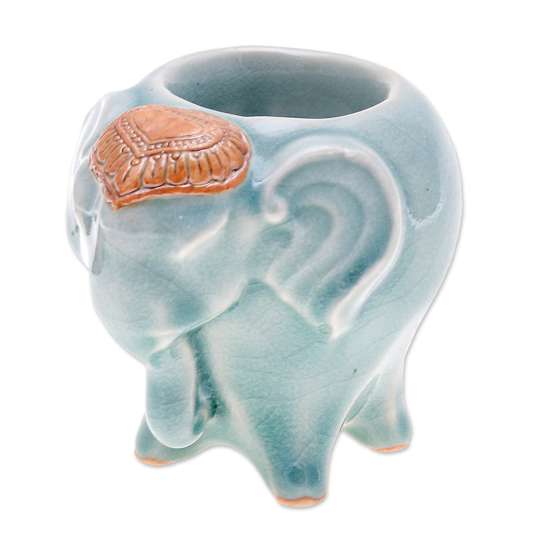 Handcrafted Thai Ceramic Elephant Tealight Holder in Green - Bright Elephant in Green