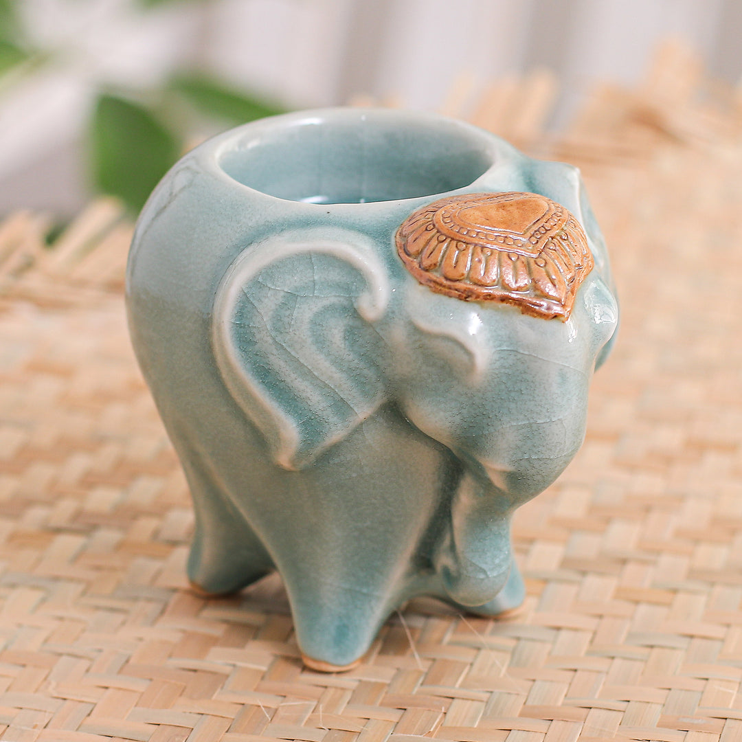 Handcrafted Thai Ceramic Elephant Tealight Holder in Green - Bright Elephant in Green
