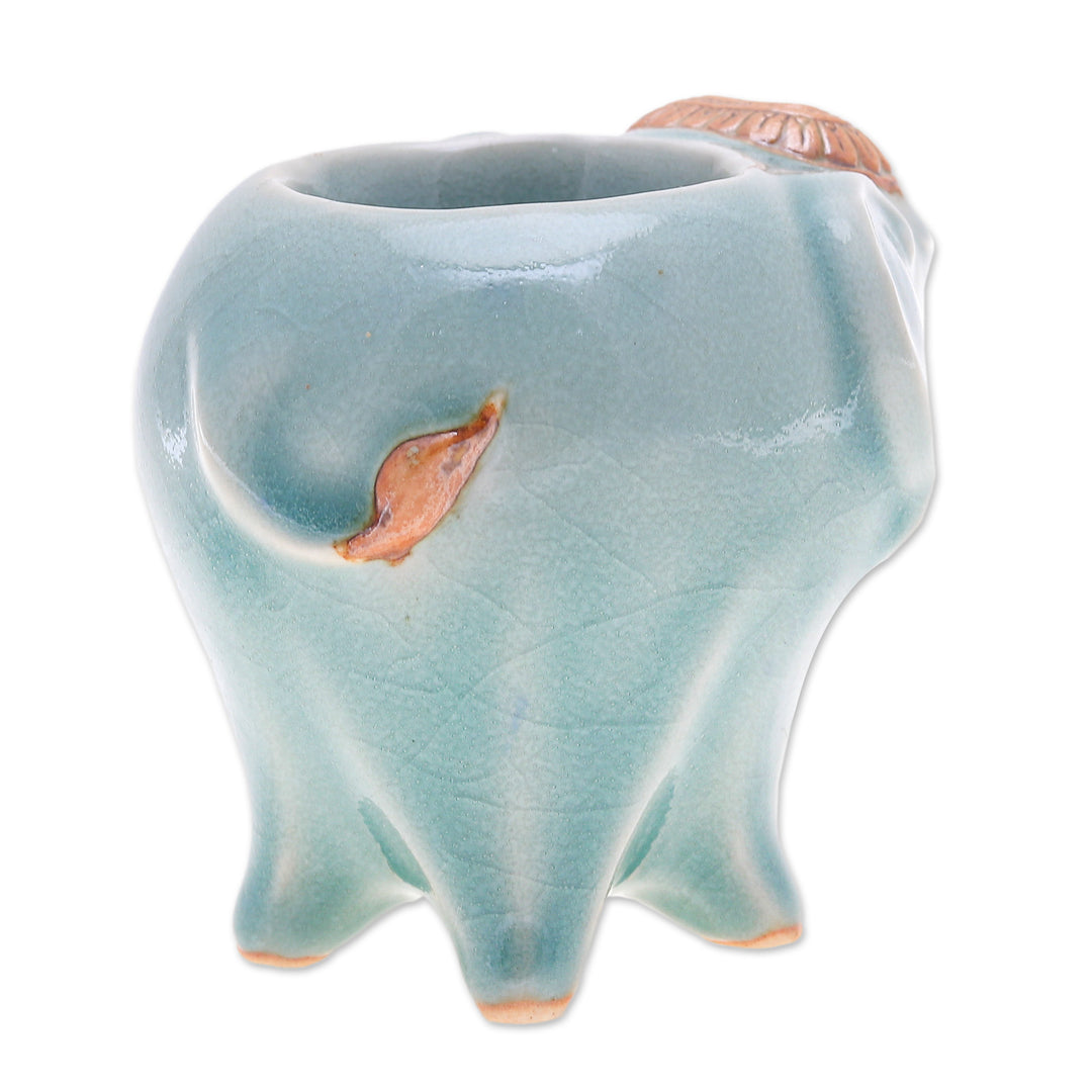 Handcrafted Thai Ceramic Elephant Tealight Holder in Green - Bright Elephant in Green