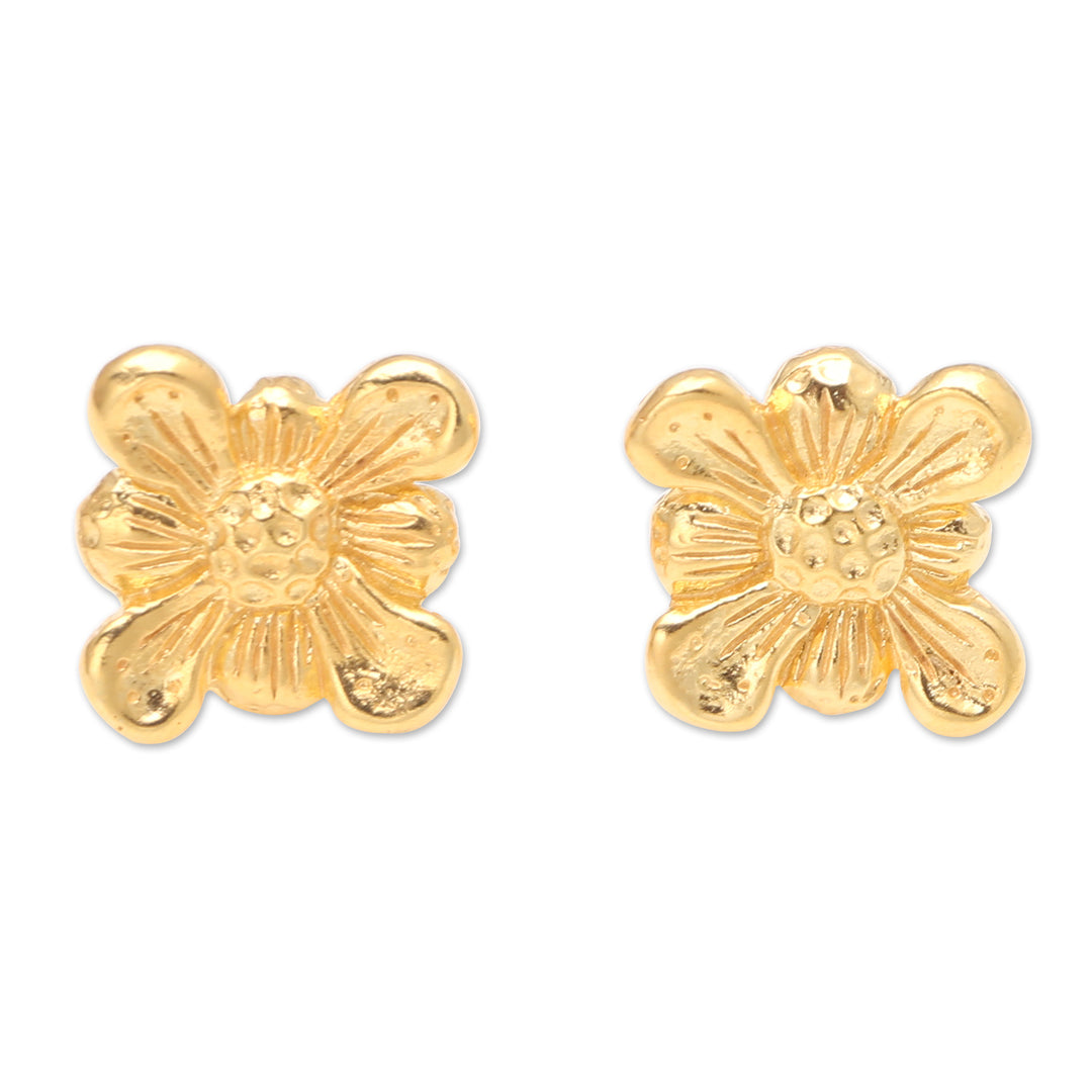 Artisan Crafted Button Earrings in 22k Gold Plate from Bali - Idyllic Blooms