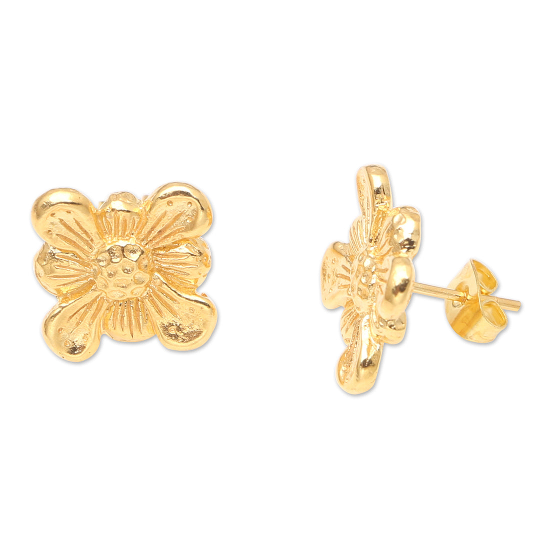 Artisan Crafted Button Earrings in 22k Gold Plate from Bali - Idyllic Blooms