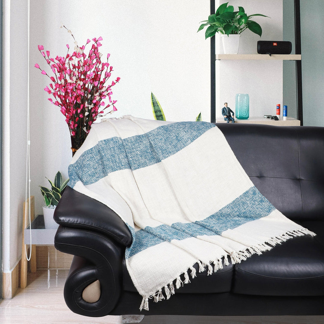 Fringed Cotton Throw Blanket from India - Diamond Elegance in Teal