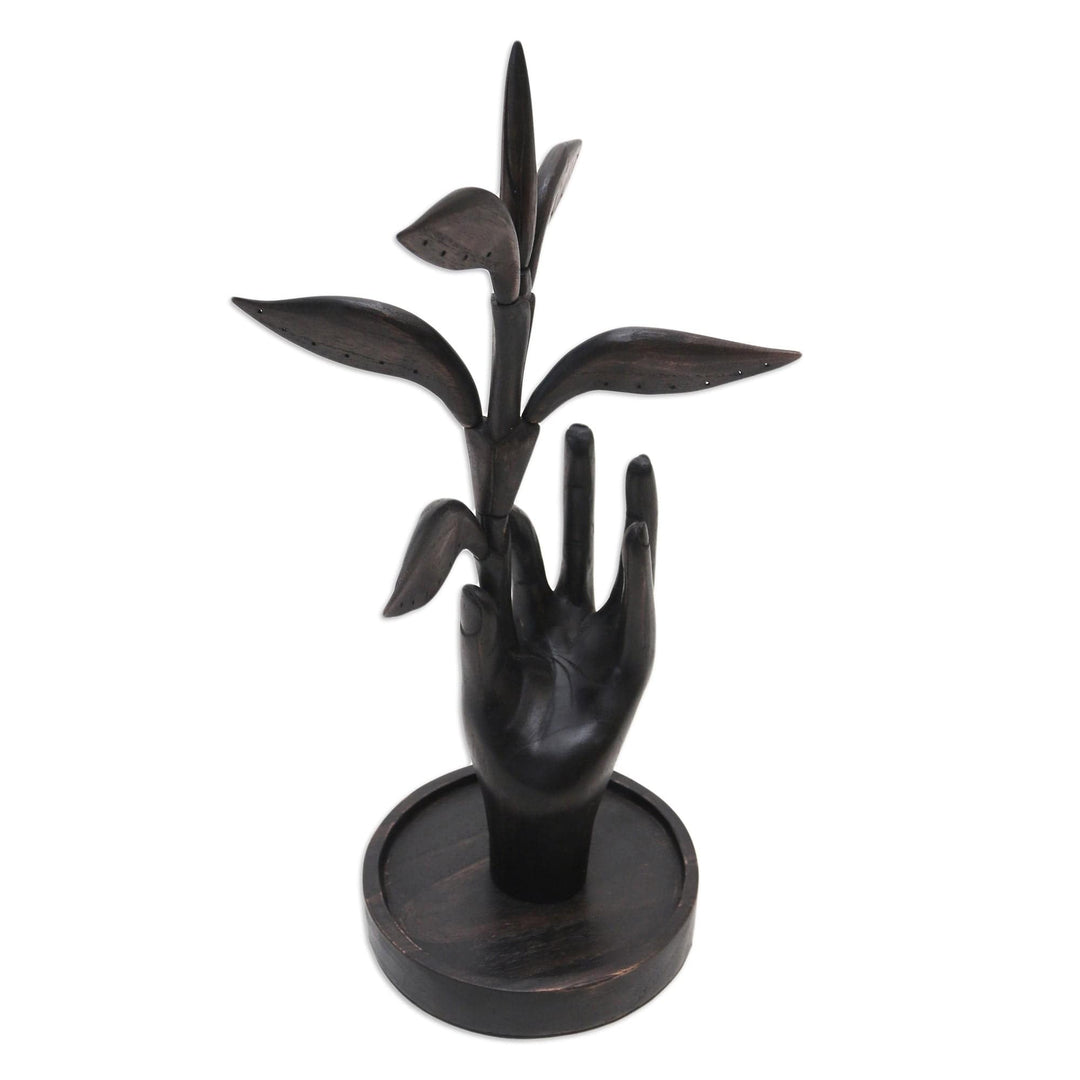 Hand Carved Wood Jewelry Stand with Leaf Motif - Plucking Dreams
