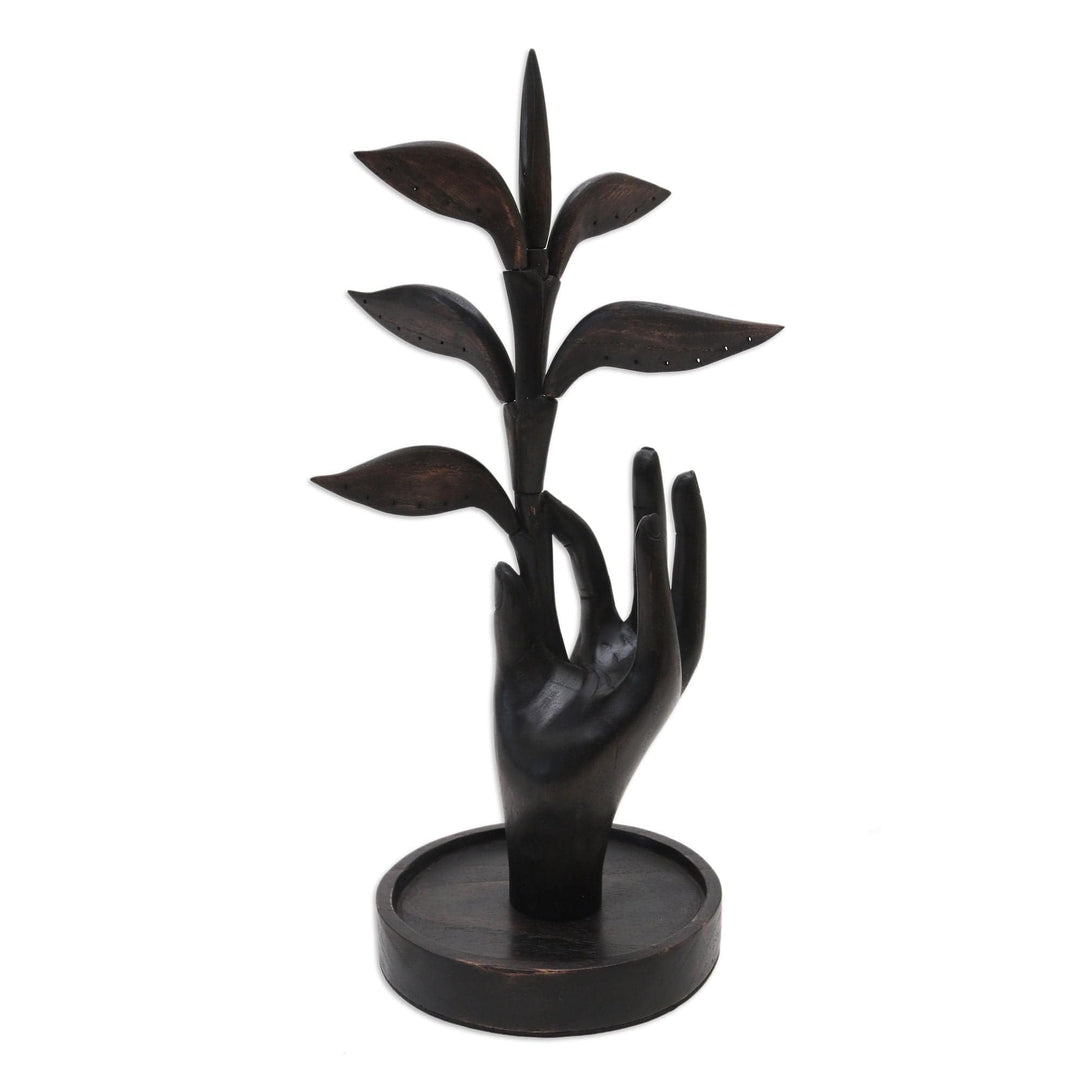 Hand Carved Wood Jewelry Stand with Leaf Motif - Plucking Dreams