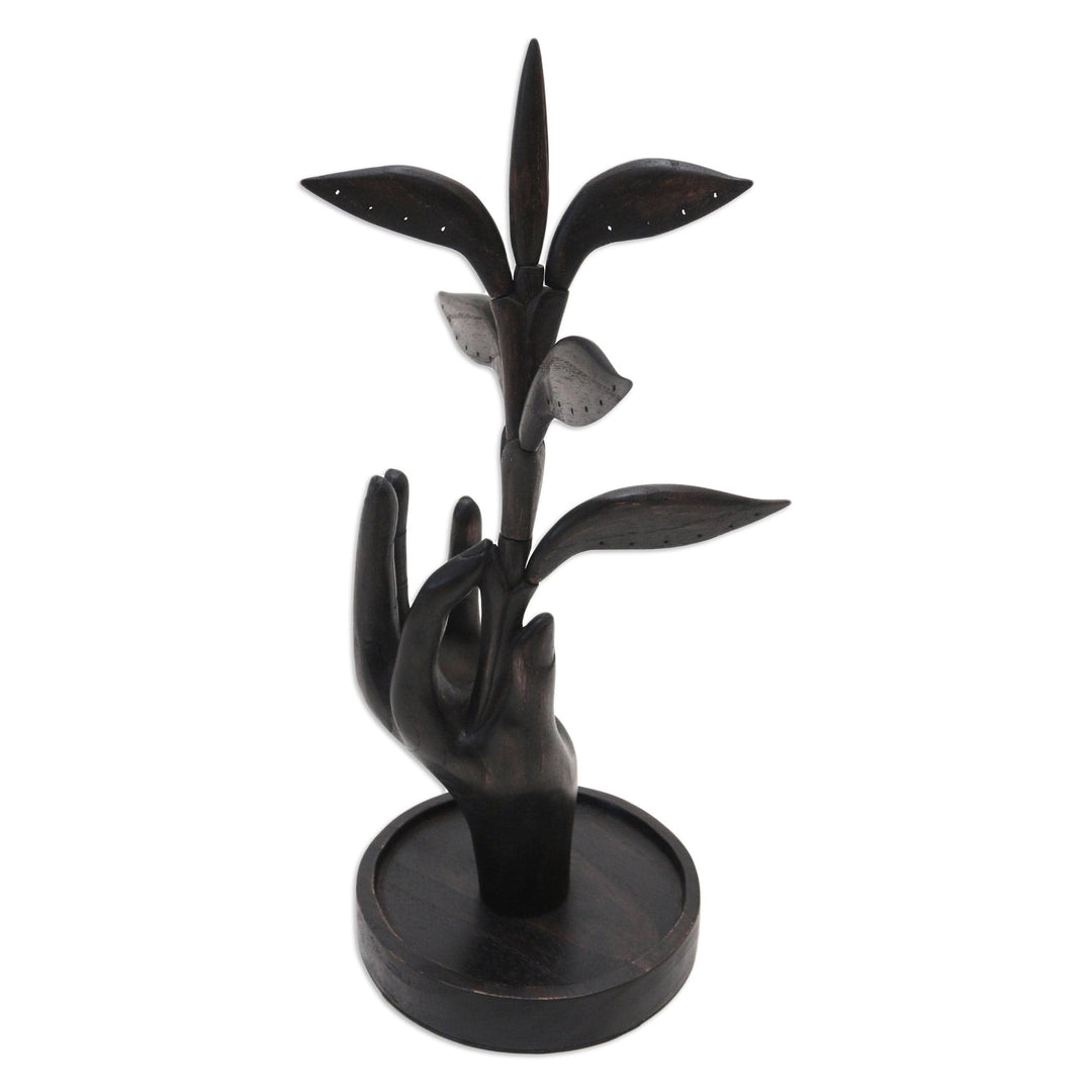 Hand Carved Wood Jewelry Stand with Leaf Motif - Plucking Dreams