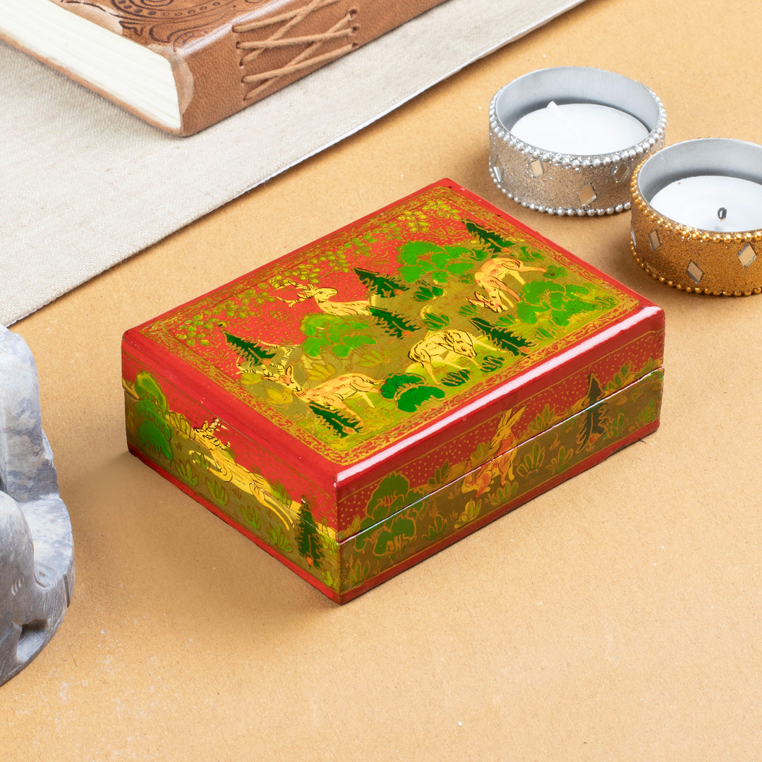 Hand-Painted Wood Papier Mache Decorative Box from India - Red Wild Landscape