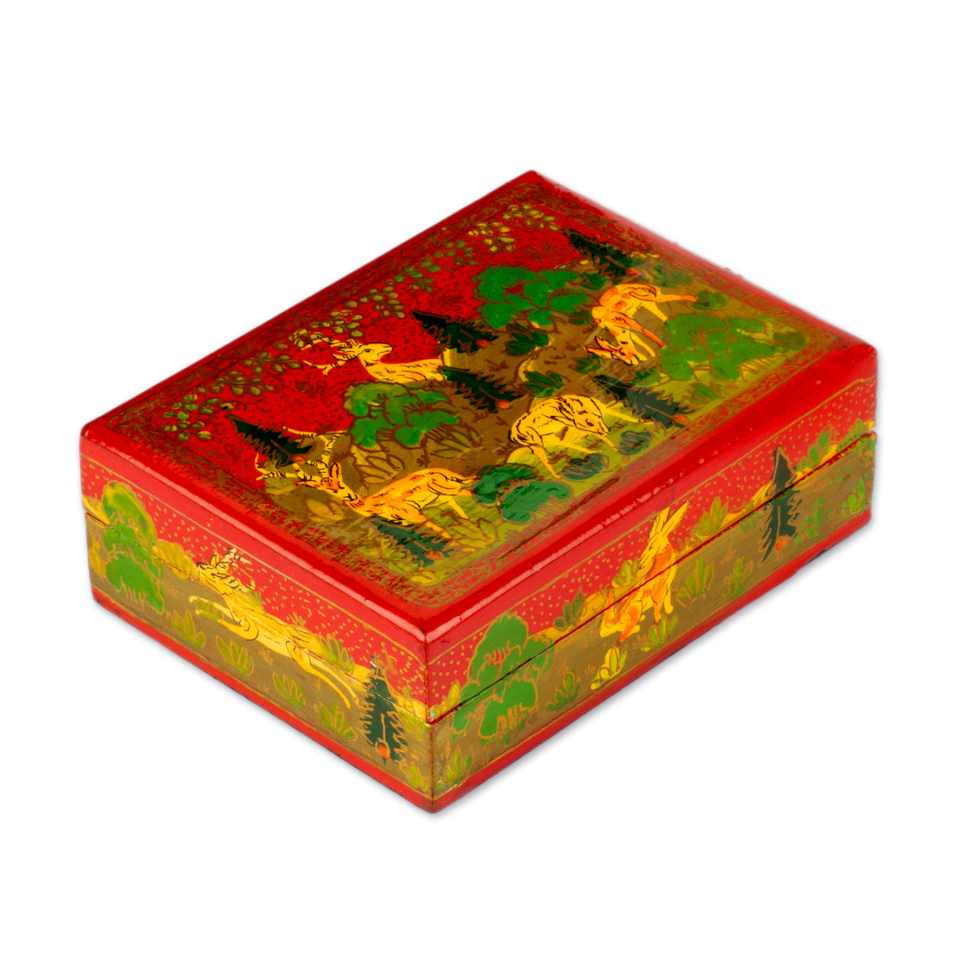 Hand-Painted Wood Papier Mache Decorative Box from India - Red Wild Landscape