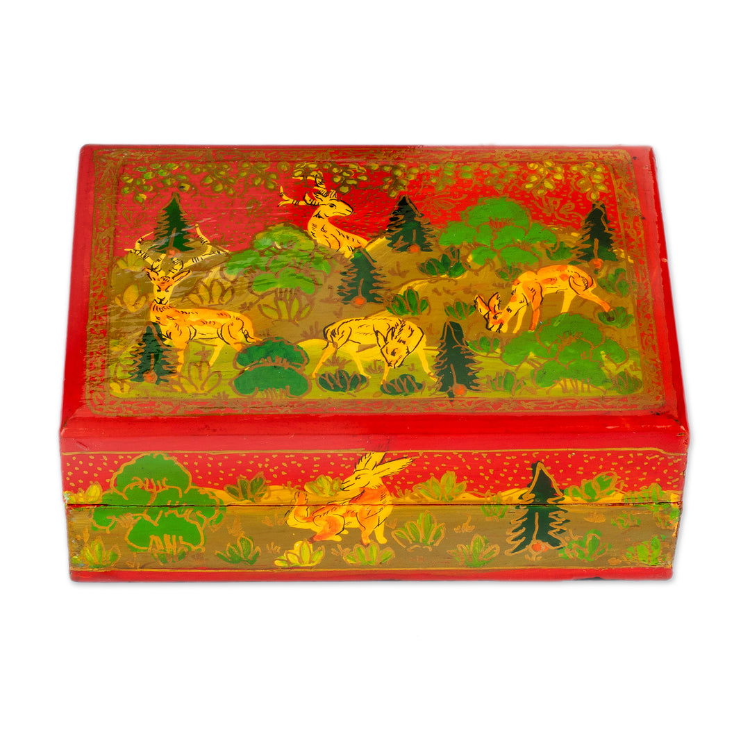Hand-Painted Wood Papier Mache Decorative Box from India - Red Wild Landscape