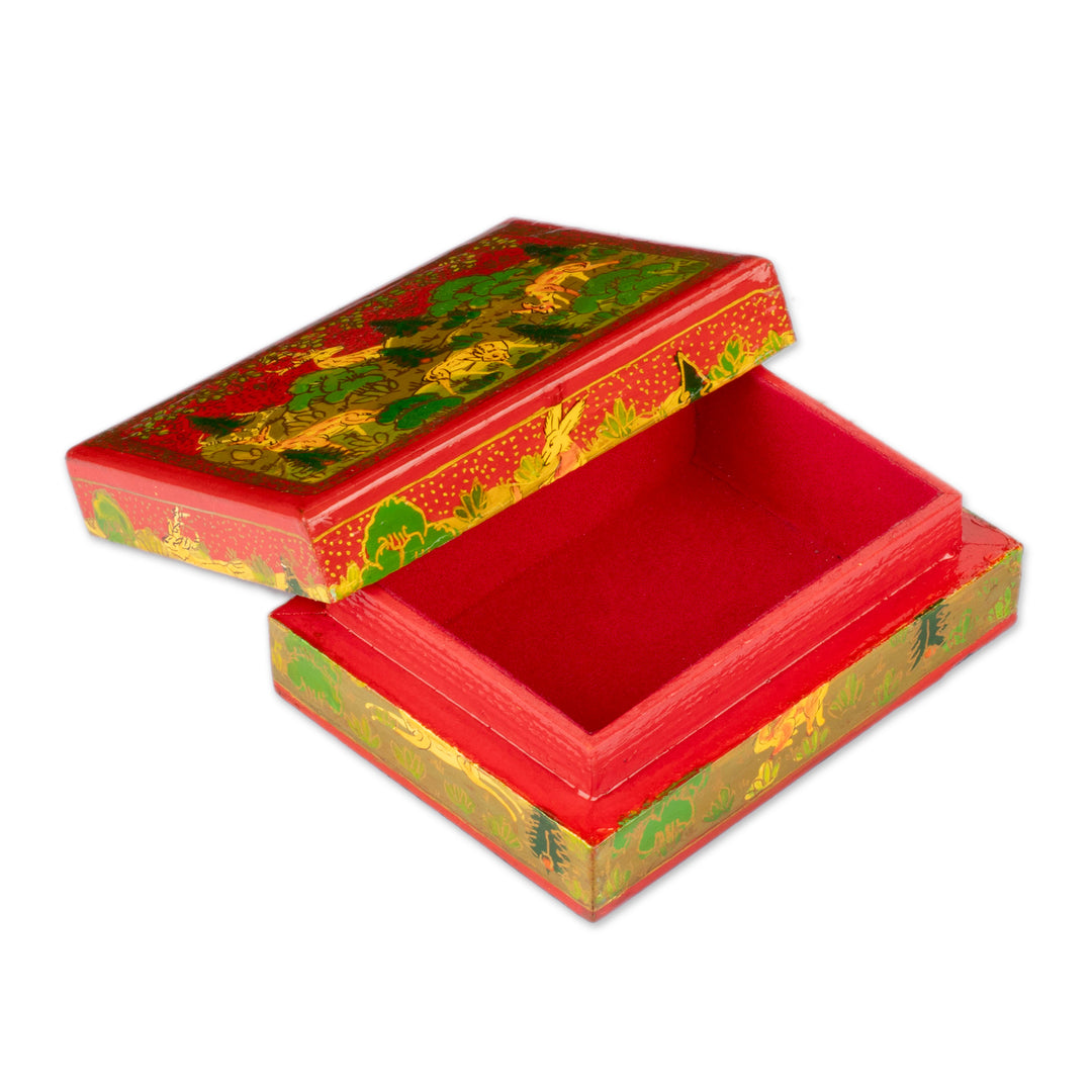 Hand-Painted Wood Papier Mache Decorative Box from India - Red Wild Landscape