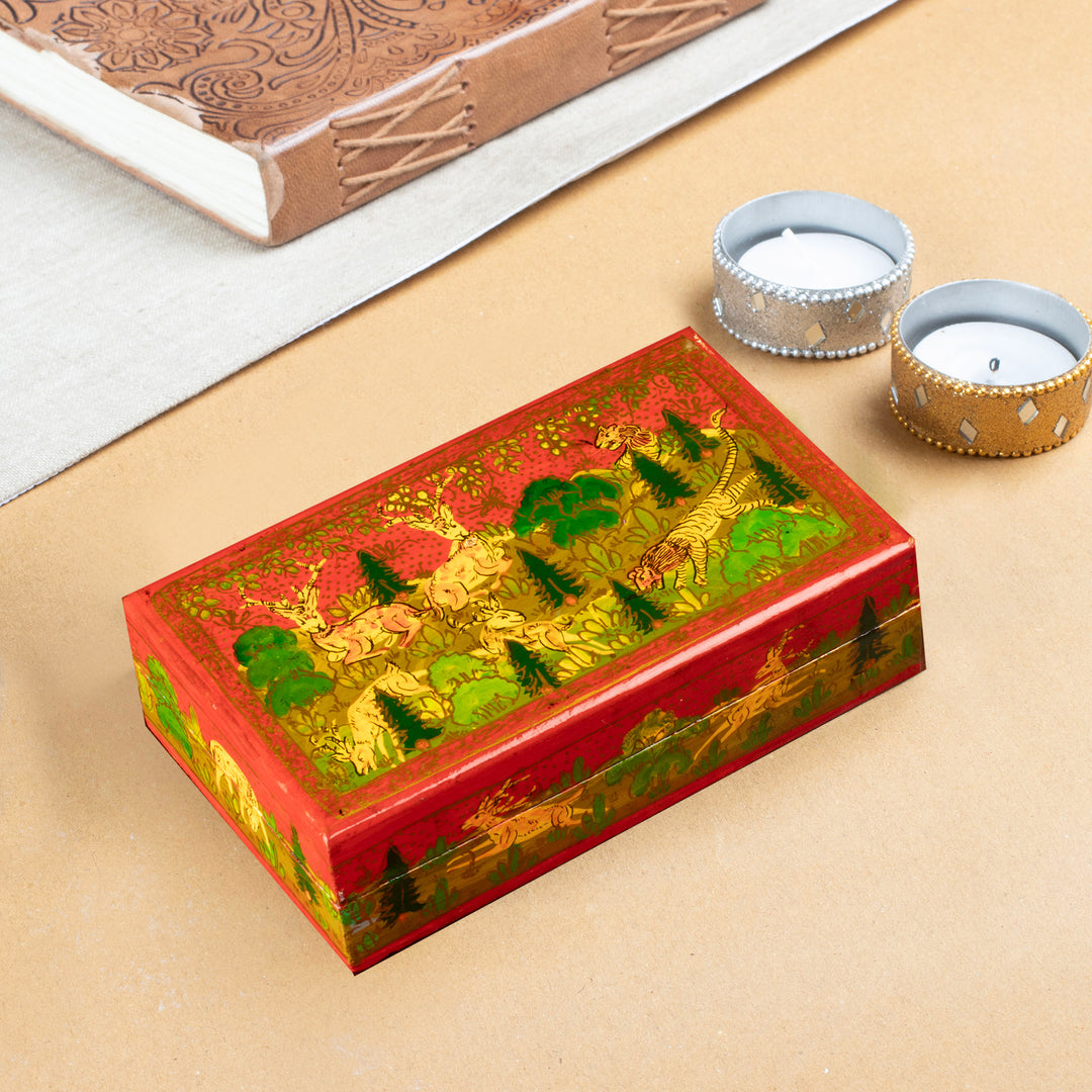 Hand-Painted Red Wood Papier Mache Decorative Box - Landscape in Red