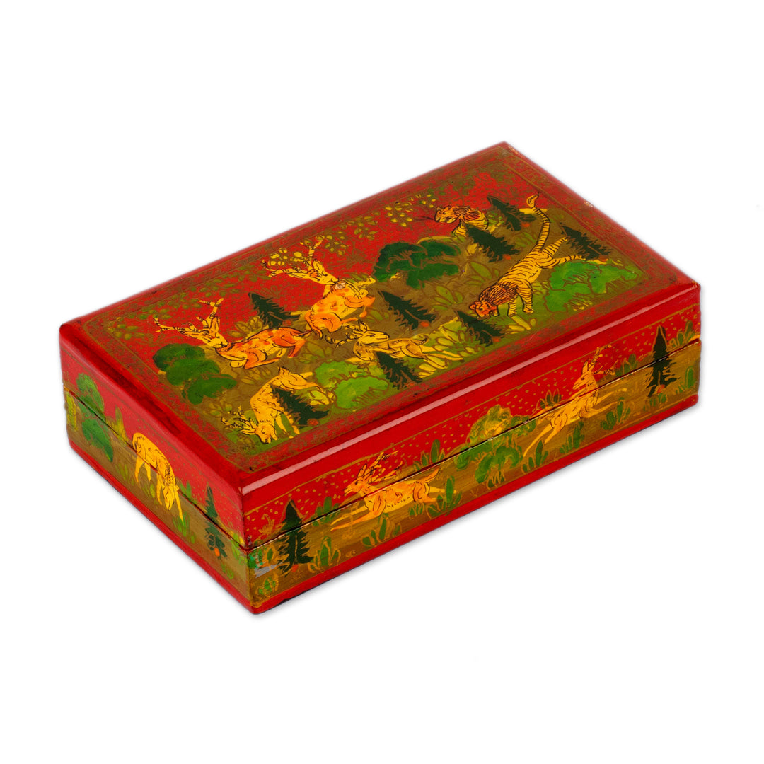Hand-Painted Red Wood Papier Mache Decorative Box - Landscape in Red