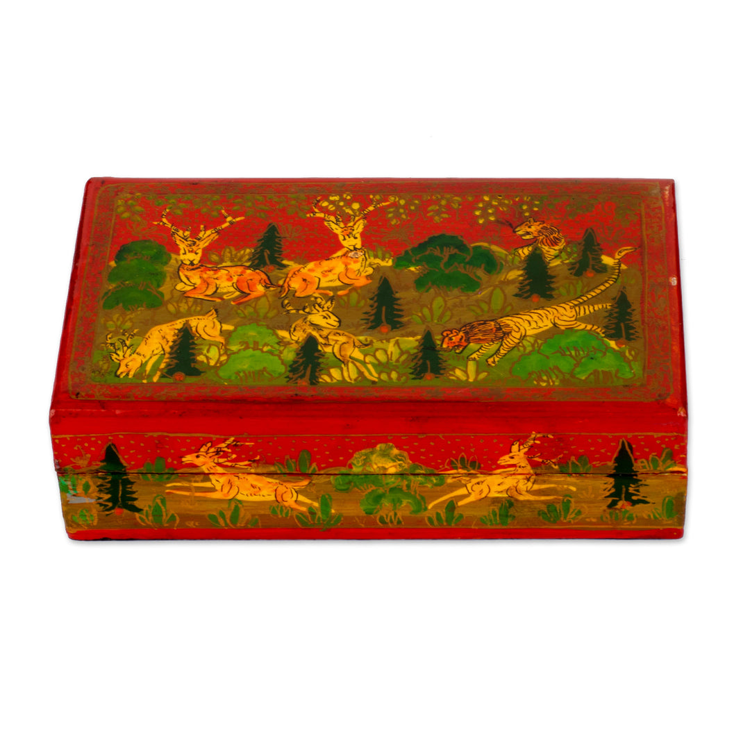 Hand-Painted Red Wood Papier Mache Decorative Box - Landscape in Red