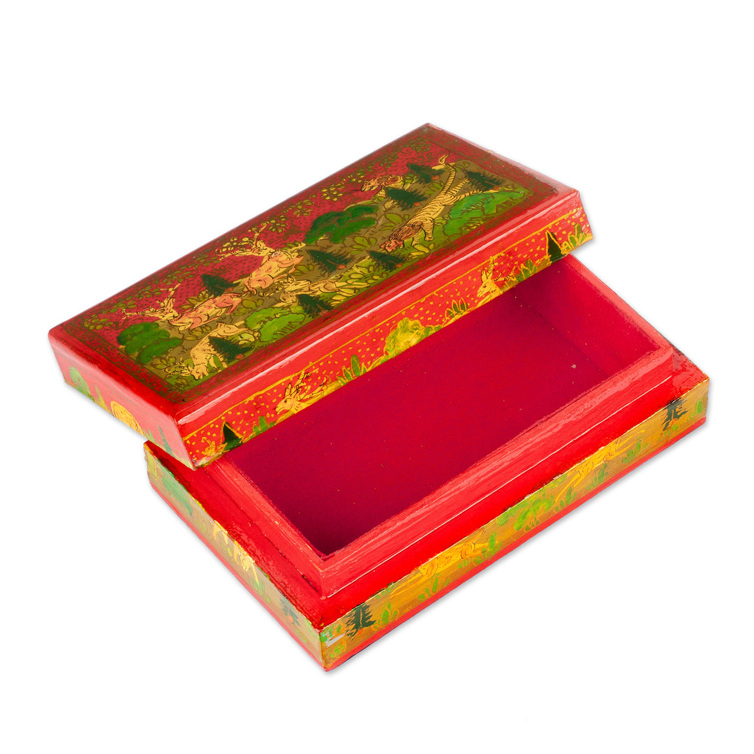 Hand-Painted Red Wood Papier Mache Decorative Box - Landscape in Red
