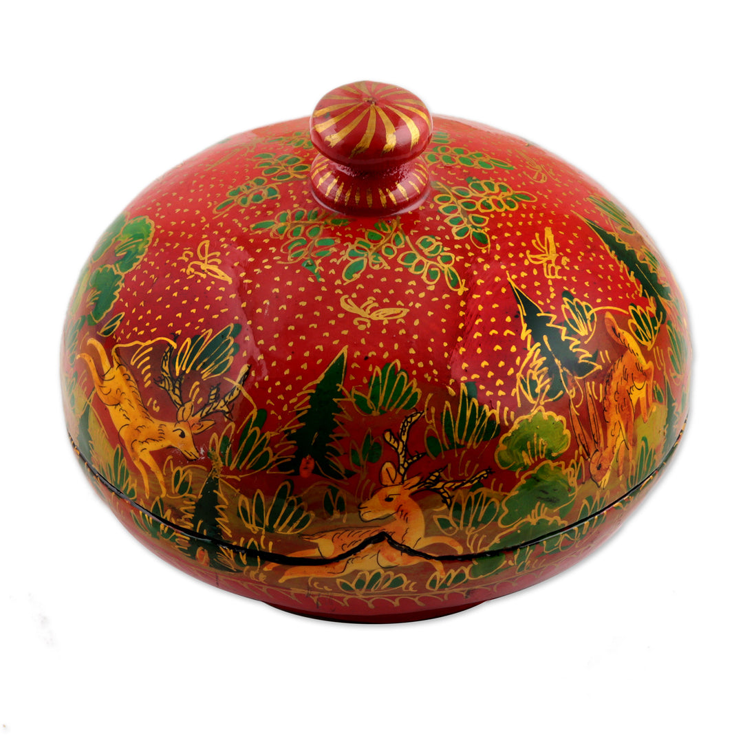 Hand-Painted Red Papier Mache Decorative Box from India - Jungle Scene in Red