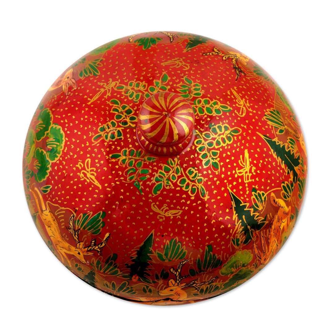 Hand-Painted Red Papier Mache Decorative Box from India - Jungle Scene in Red