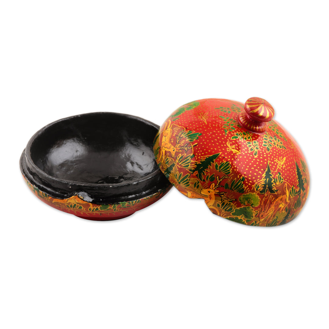 Hand-Painted Red Papier Mache Decorative Box from India - Jungle Scene in Red