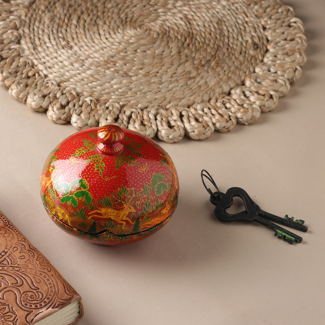 Hand-Painted Red Papier Mache Decorative Box from India - Jungle Scene in Red