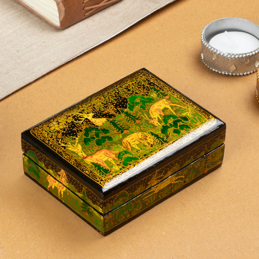 Hand-Painted Black Wood Papier Mache Decorative Box - Landscape in Black
