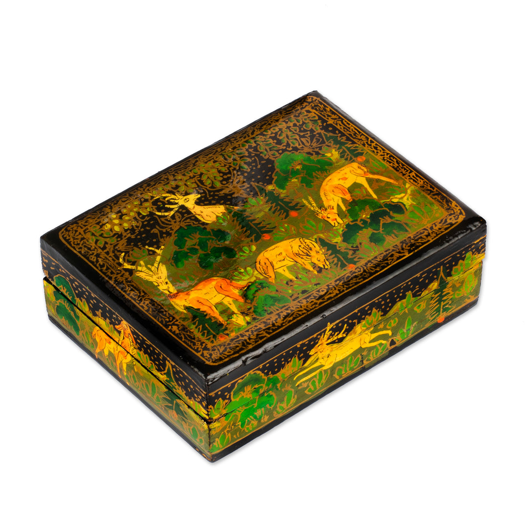 Hand-Painted Black Wood Papier Mache Decorative Box - Landscape in Black