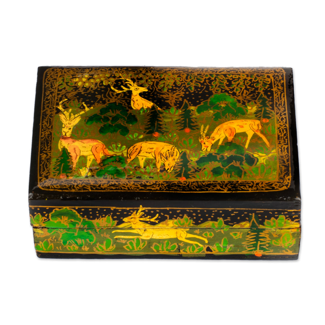 Hand-Painted Black Wood Papier Mache Decorative Box - Landscape in Black