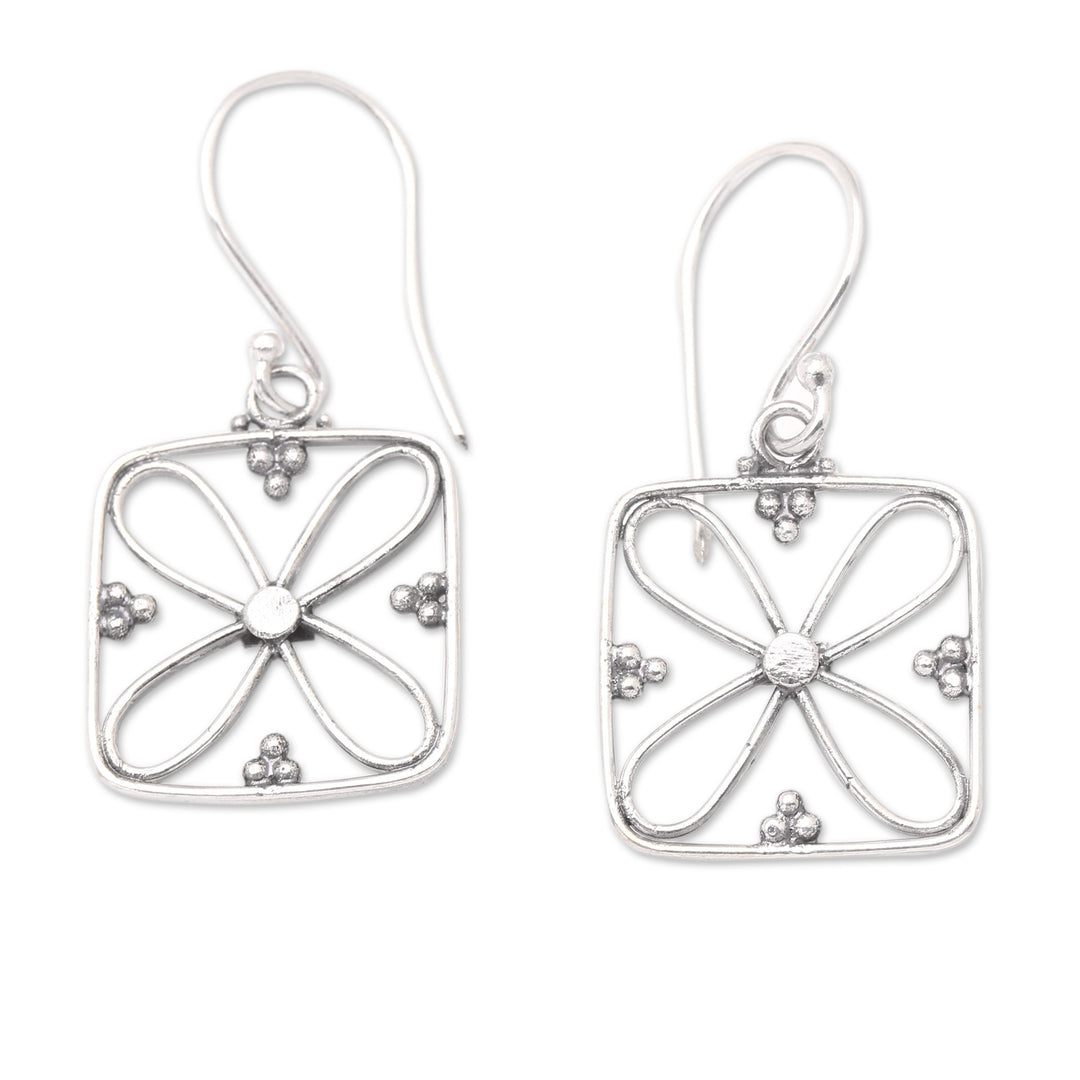 Handmade Balinese Floral 925 Sterling Silver Dangle Earrings - Four Petal Corners