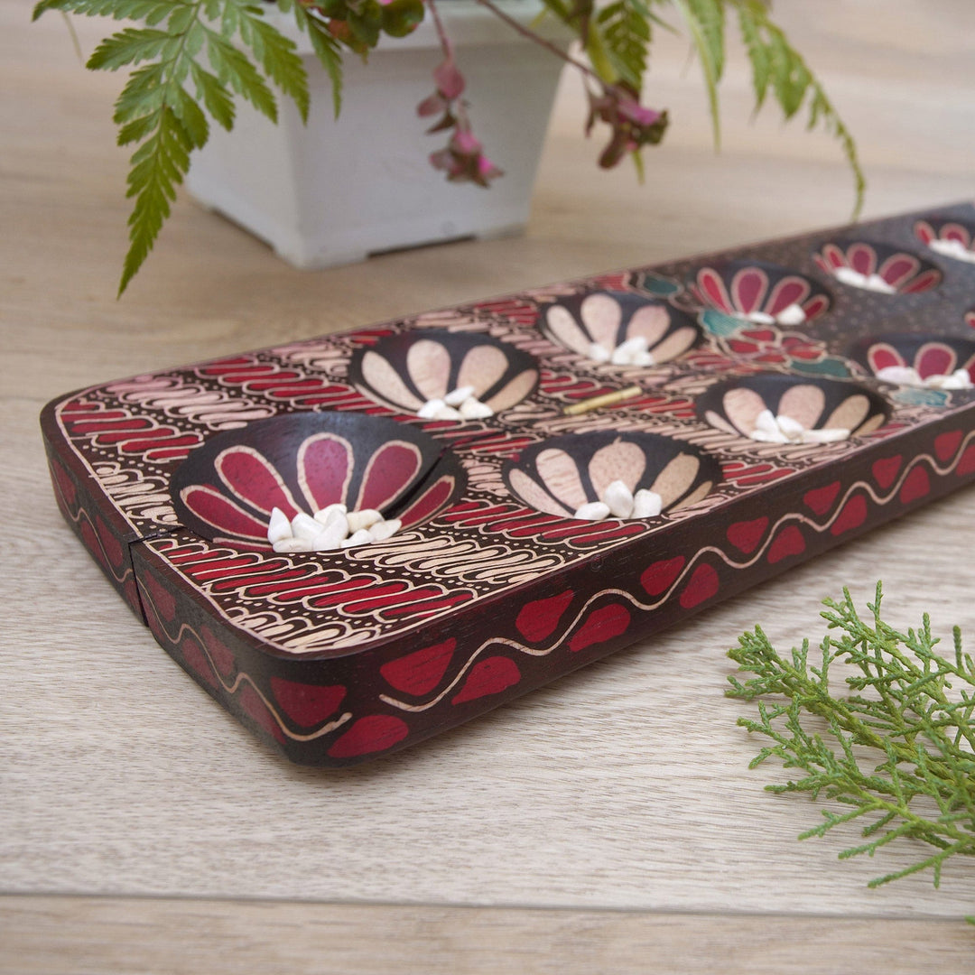 Handmade Batik Wood Mancala Game in Red - Red Discernment Spirit
