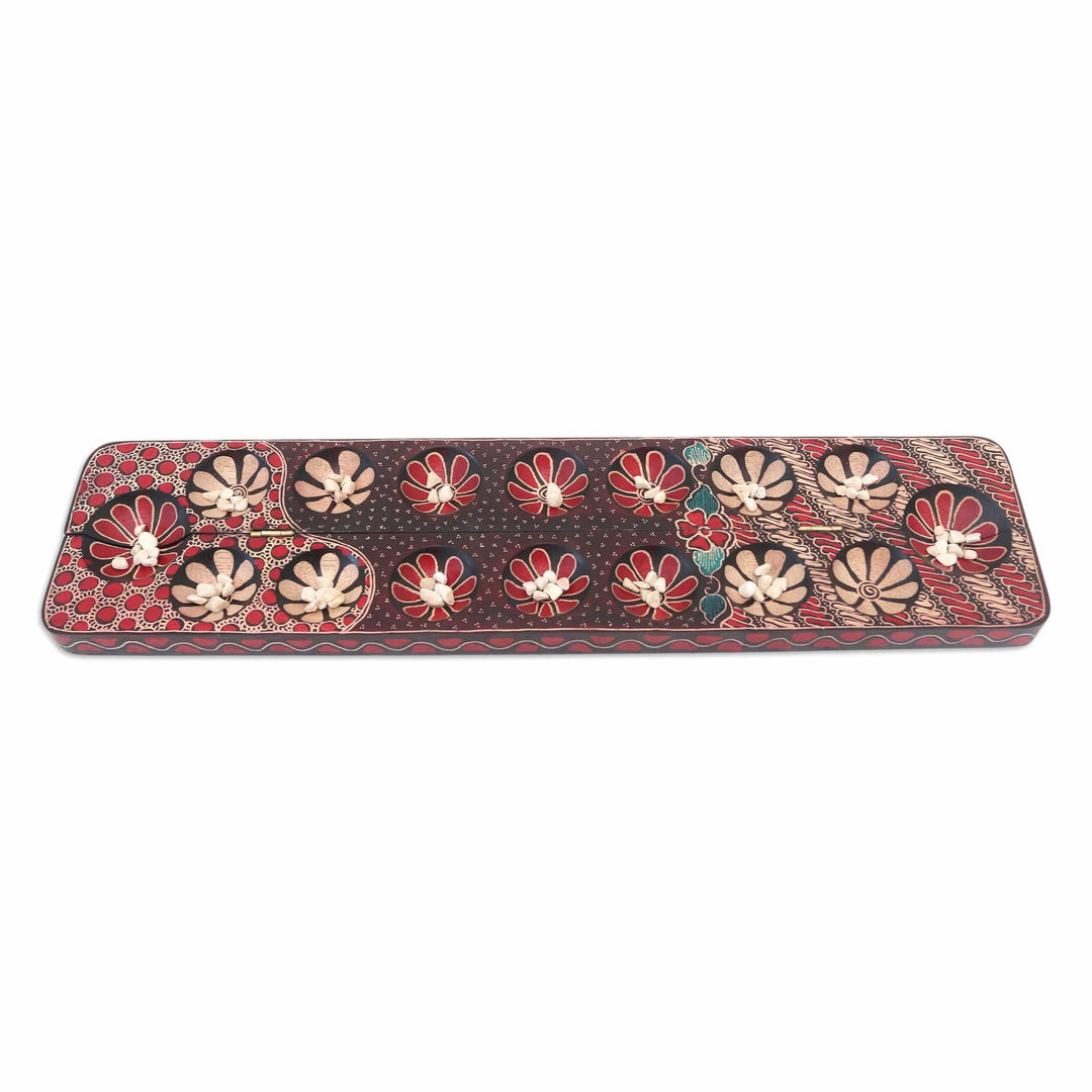 Handmade Batik Wood Mancala Game in Red - Red Discernment Spirit