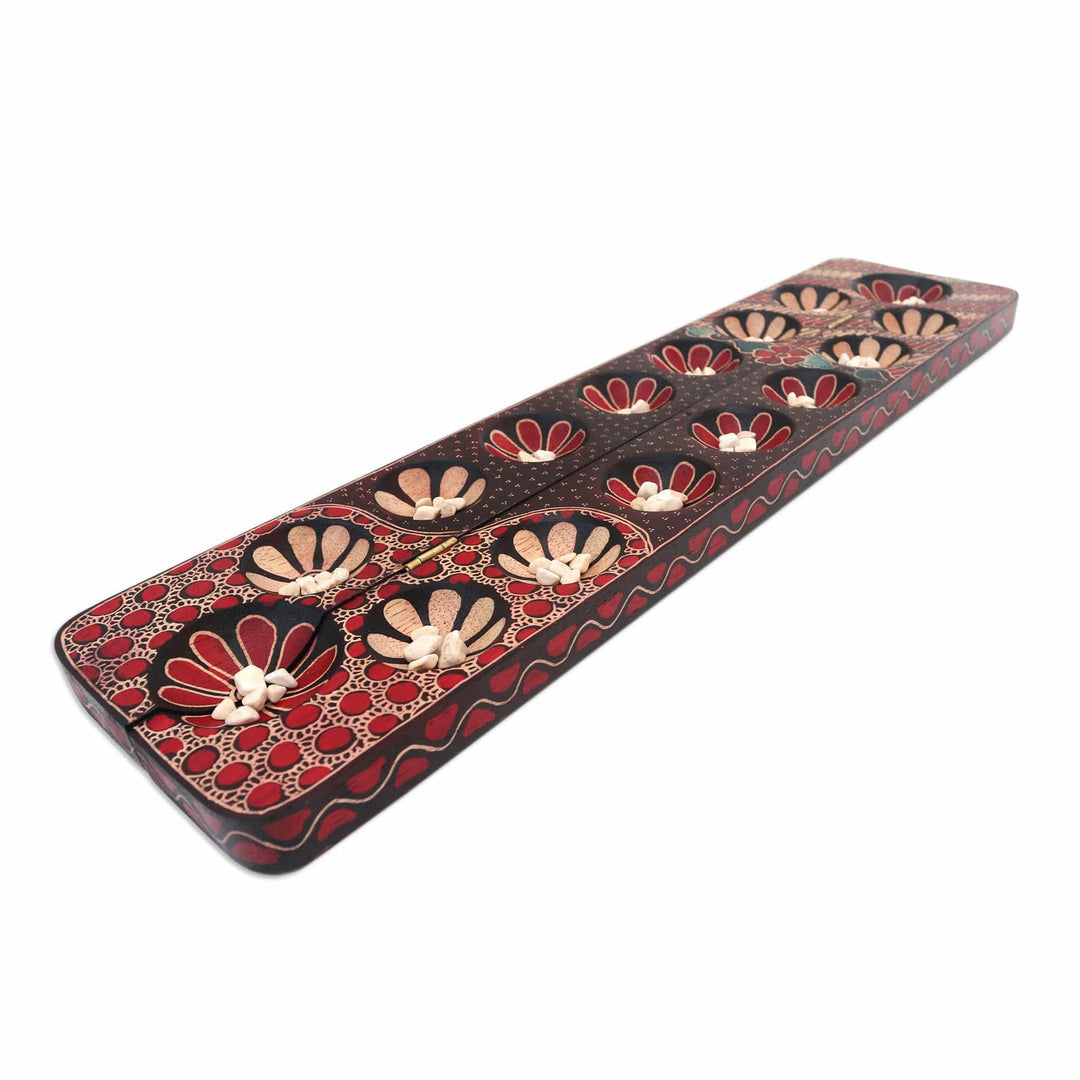 Handmade Batik Wood Mancala Game in Red - Red Discernment Spirit