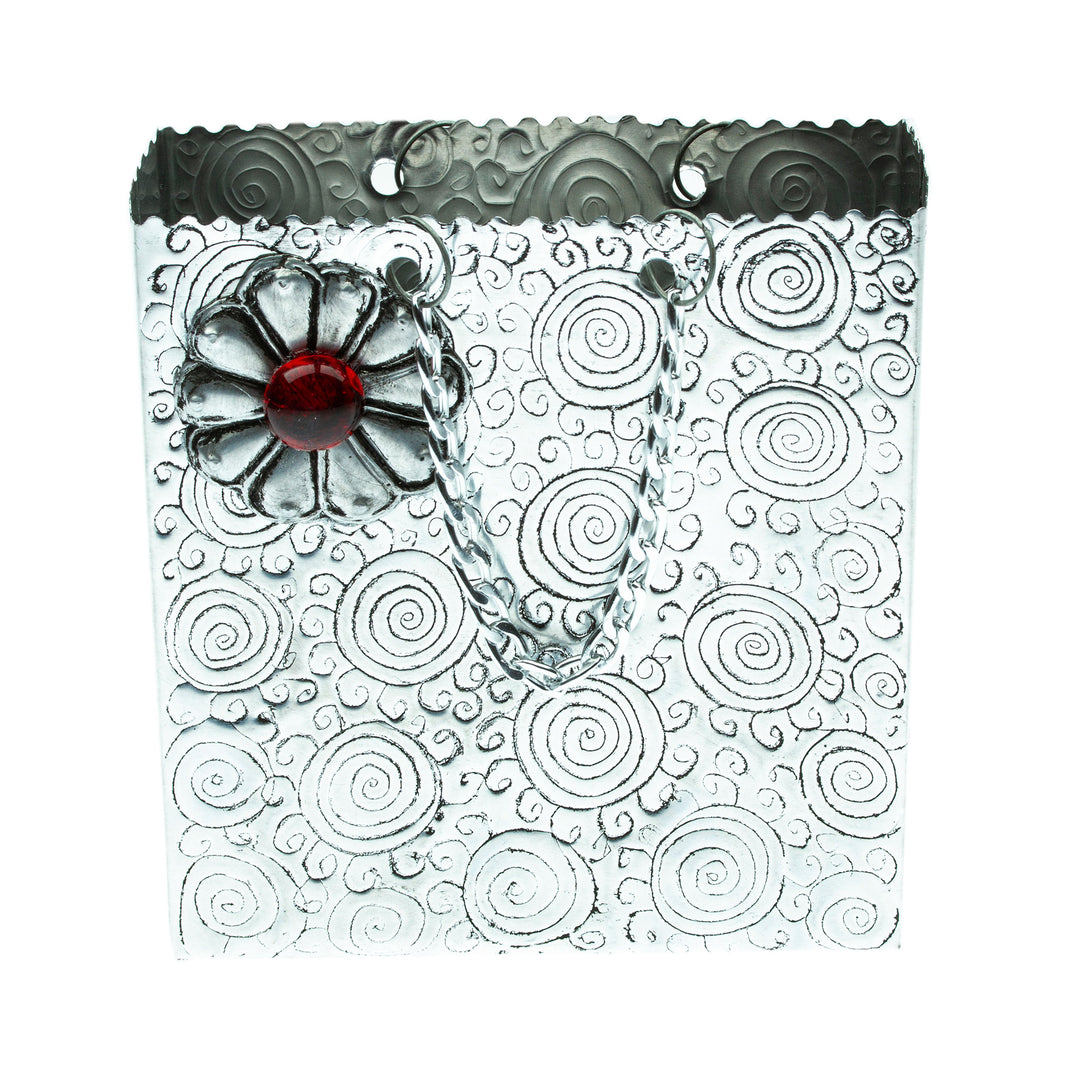 Decorative Floral Bag Made with Aluminum Engraved by Hand - Metallic Flower in Red