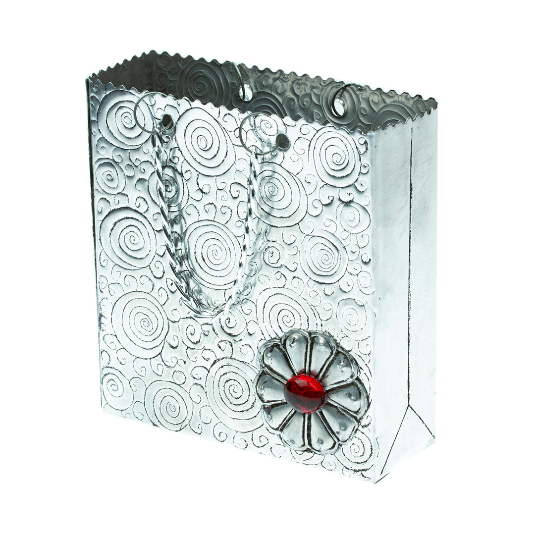Decorative Floral Bag Made with Aluminum Engraved by Hand - Metallic Flower in Red
