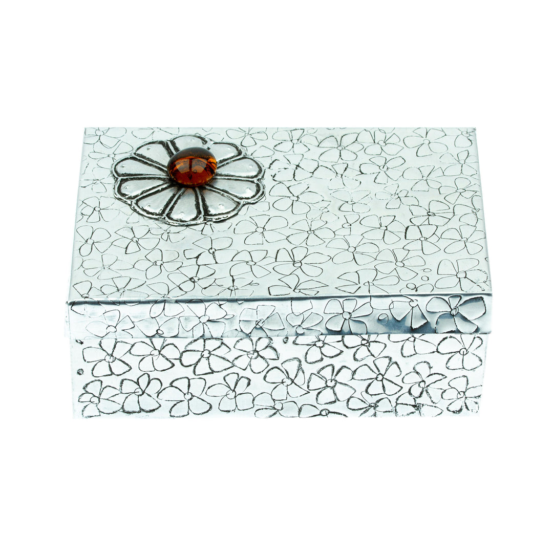 Decorative Aluminum Box with Red Flower Design from Mexico - Glowing Fortune