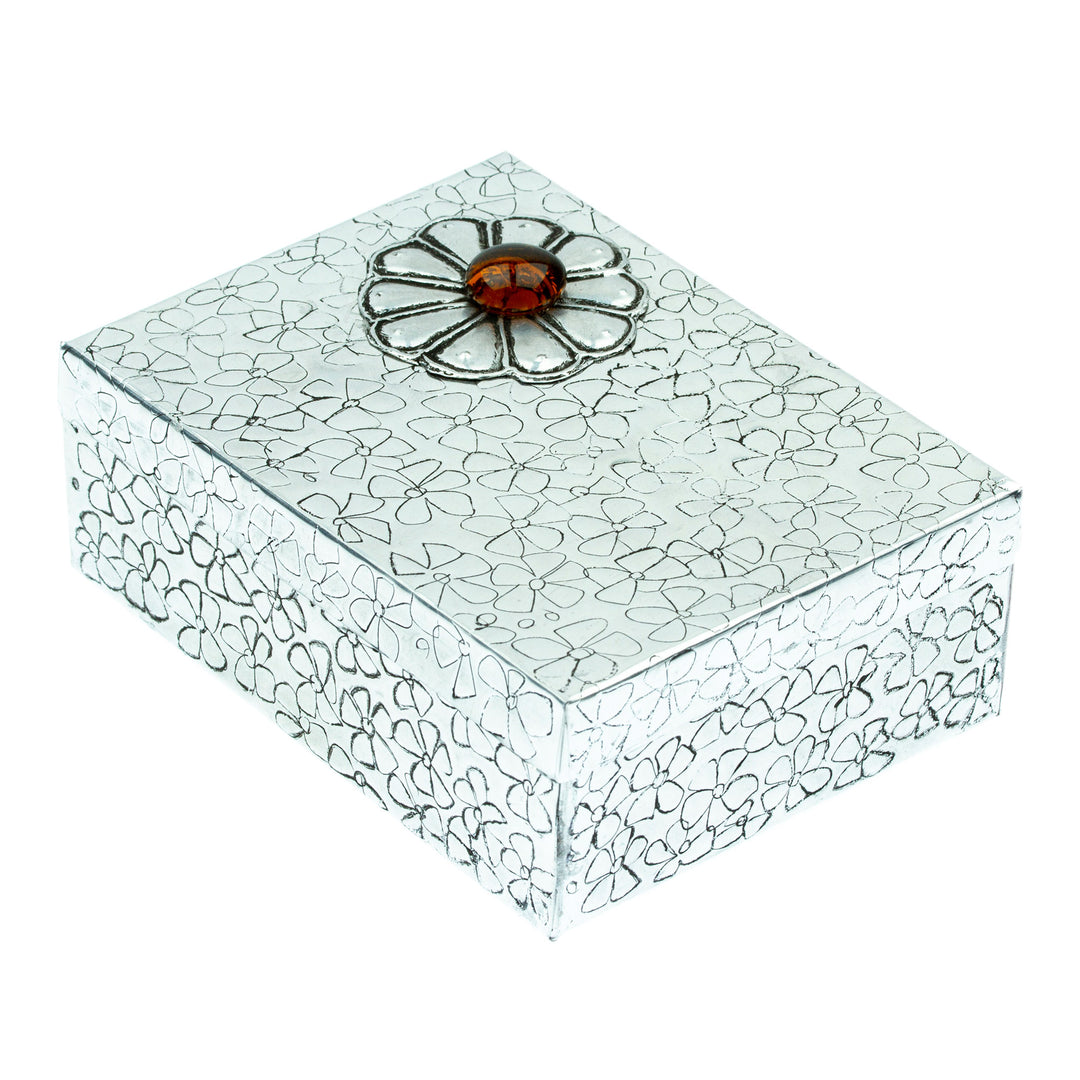 Decorative Aluminum Box with Red Flower Design from Mexico - Glowing Fortune