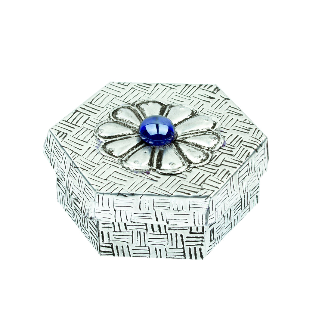 Hexagonal Aluminum Decorative Box with Flower from Mexico - Hexagonal Blue