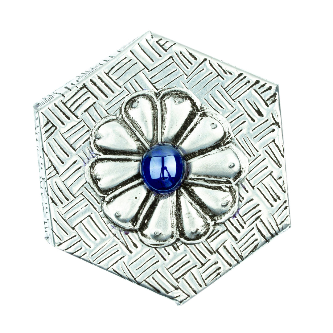 Hexagonal Aluminum Decorative Box with Flower from Mexico - Hexagonal Blue