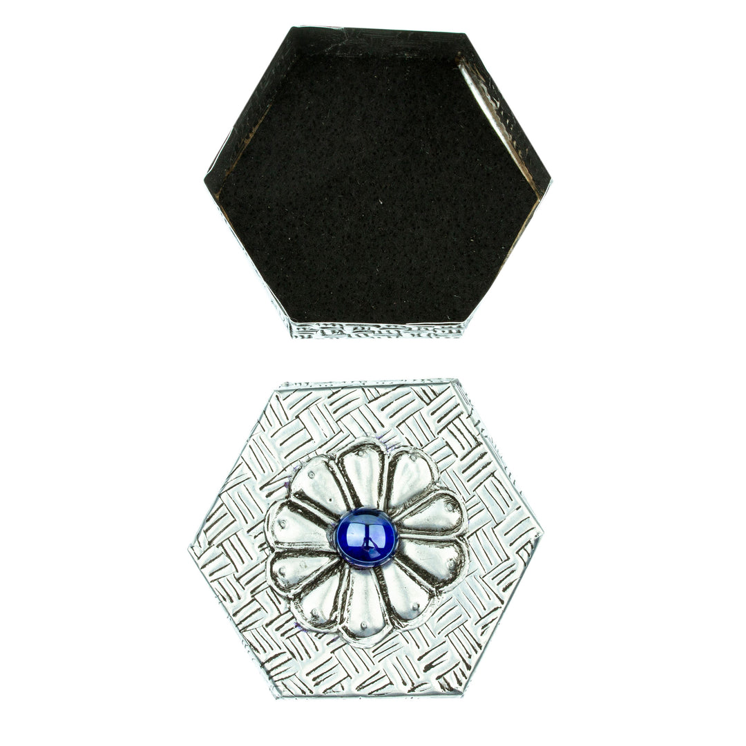 Hexagonal Aluminum Decorative Box with Flower from Mexico - Hexagonal Blue