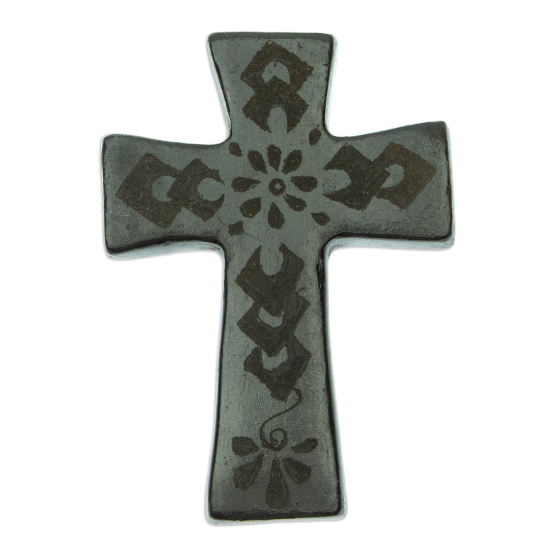Mexican Handcrafted Barro Negro Ceramic Floral Wall Cross - Little Flower of Prayers