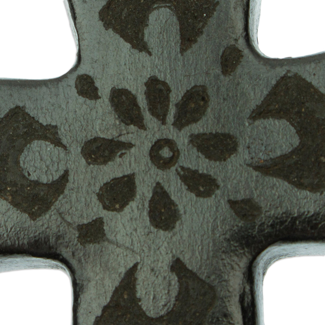 Mexican Handcrafted Barro Negro Ceramic Floral Wall Cross - Little Flower of Prayers