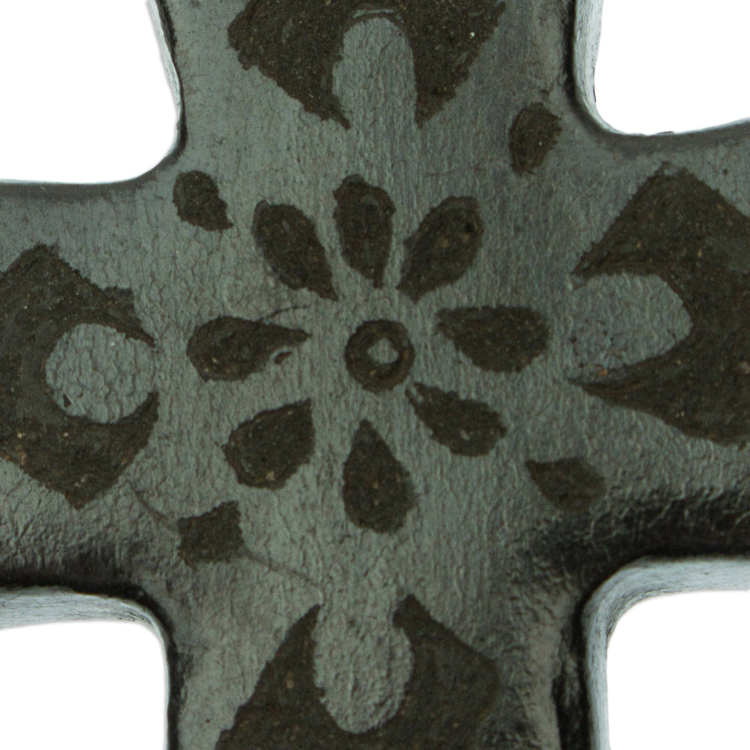 Handcrafted Barro Negro Wall Cross from Mexico - Little Flower of Prayers