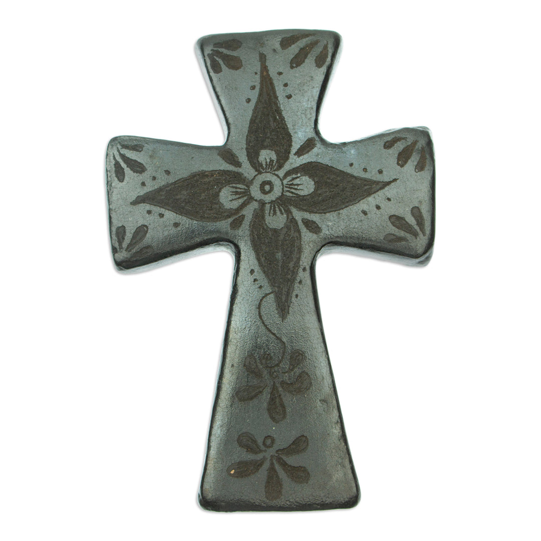 Handcrafted Mexican Barro Negro Ceramic Wall Cross - Little Flower of Luck