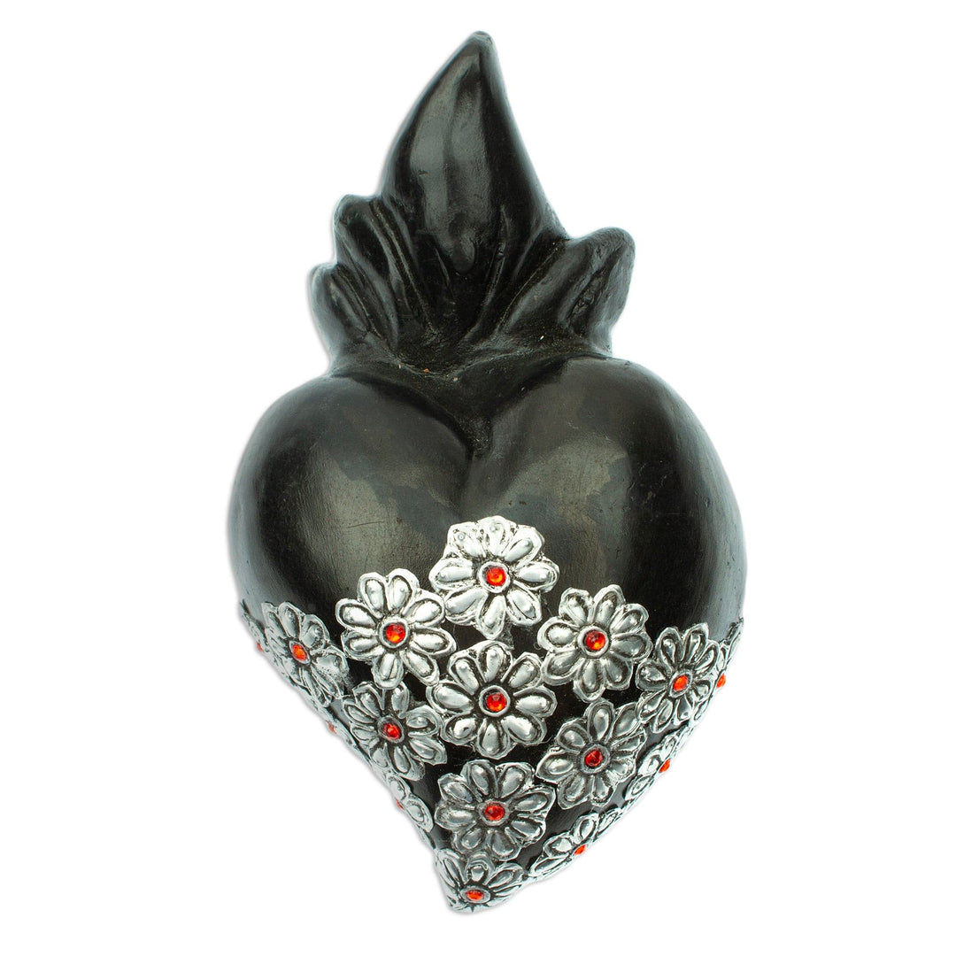 Mexican Heart-shaped Black Ceramic or Barro Negro Wall Art - Miniature Heart in Black